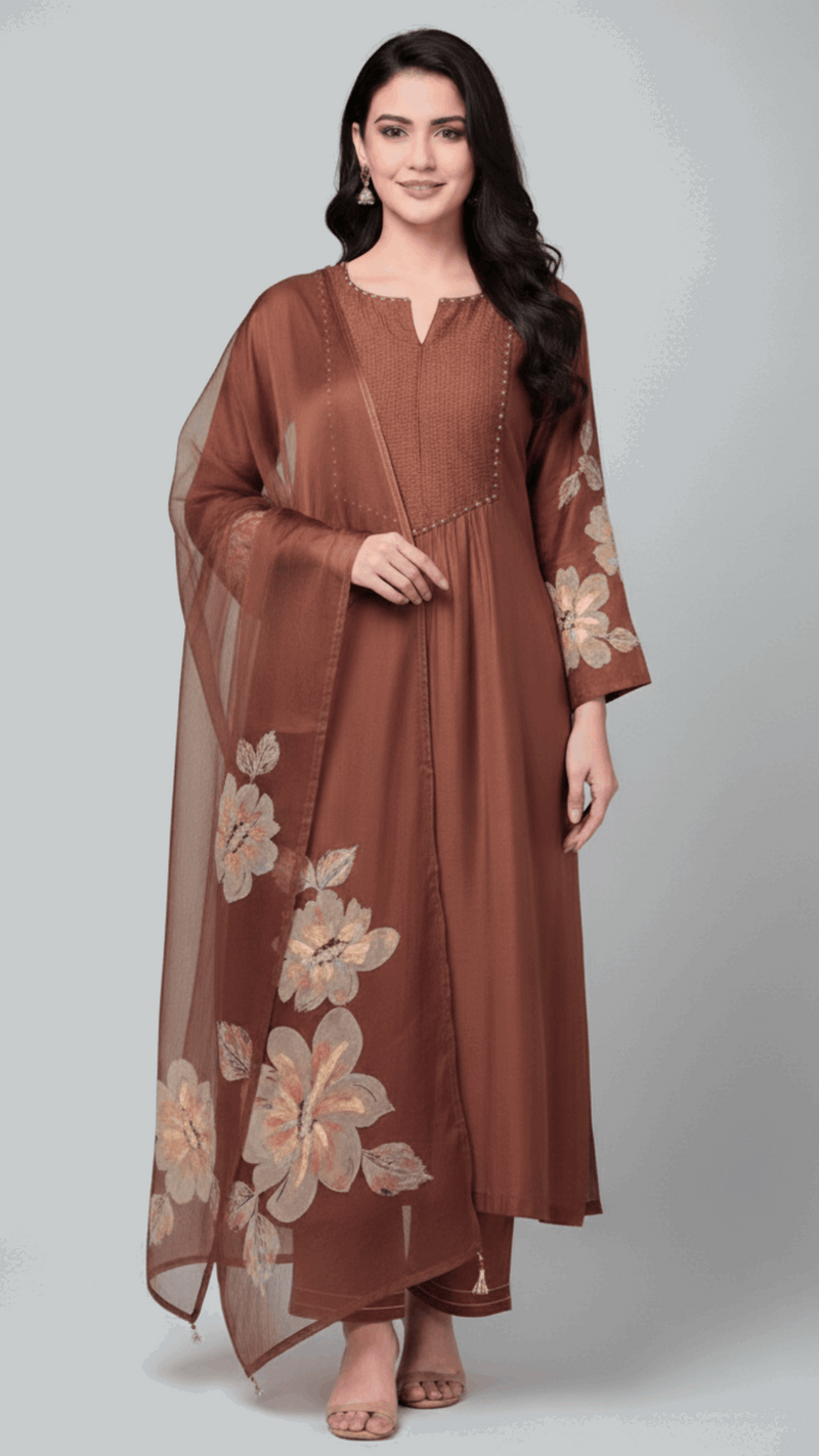 Rust Brown Floral Embroidered Mul  Chanderi Suit Set – Sheetal Collection