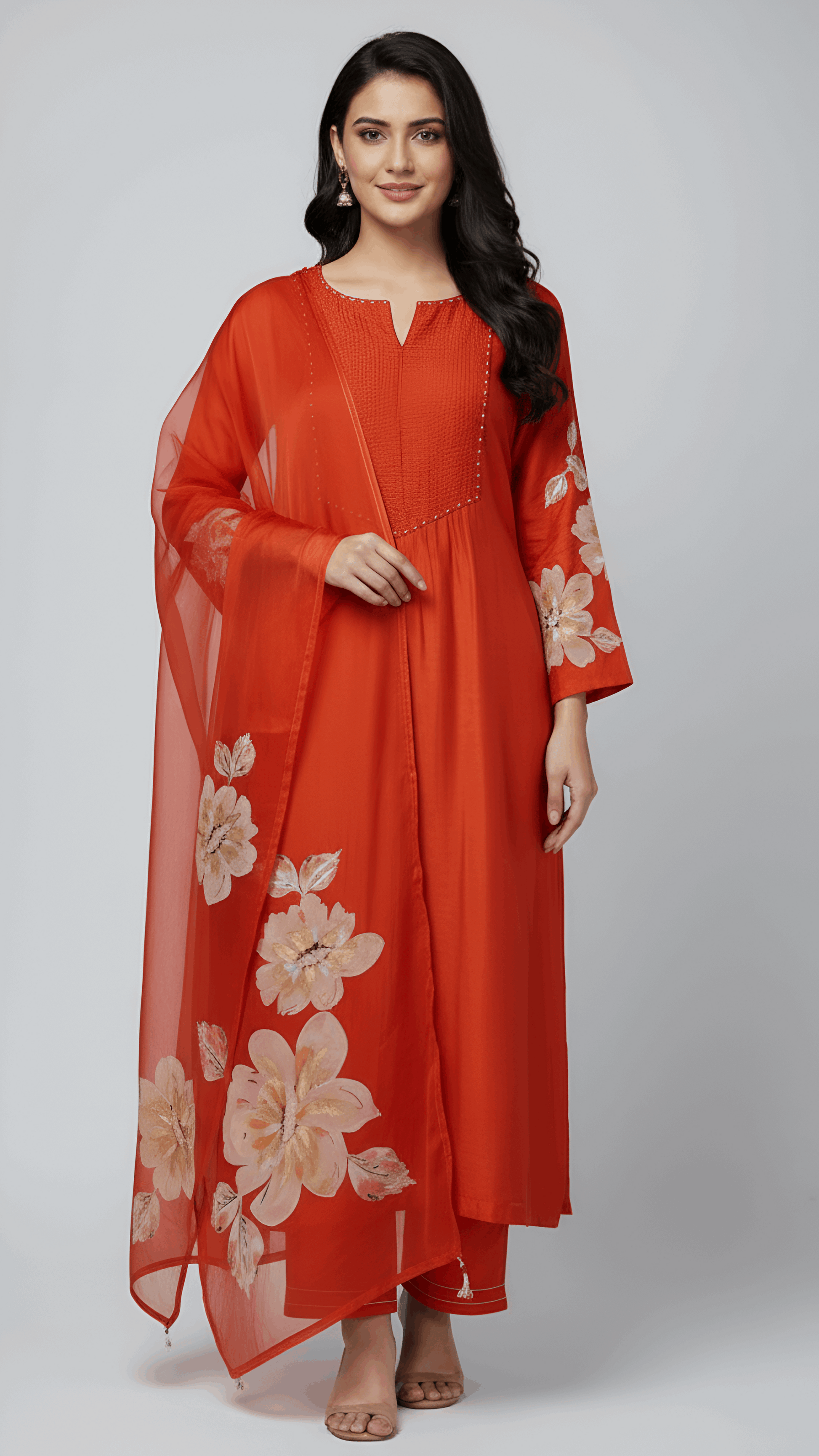Orange Floral Embroidered Suit Set with Dupatta – Sheetal Collection