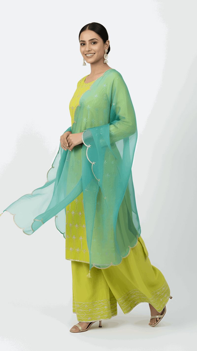 Lime Green & Aqua Blue 3-Piece Suit Set – Mul Chanderi Collection