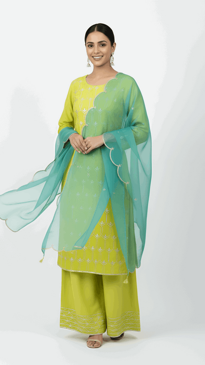 Lime Green & Aqua Blue 3-Piece Suit Set – Mul Chanderi Collection