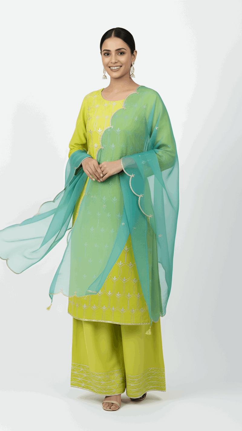 Lime Green & Aqua Blue 3-Piece Suit Set – Mul Chanderi Collection