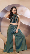 Green Sequin Halter Neck Crop Top with Palazzo Pants for Girls