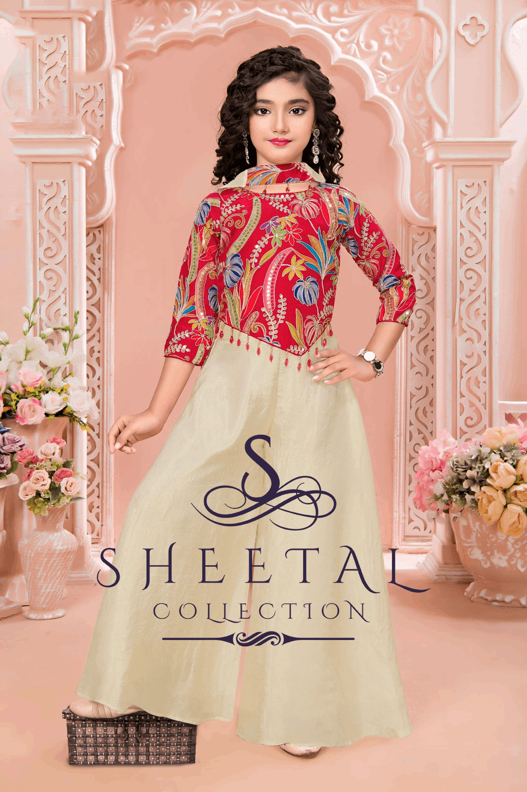 Red Floral Printed Jacket with Cream Palazzo Set