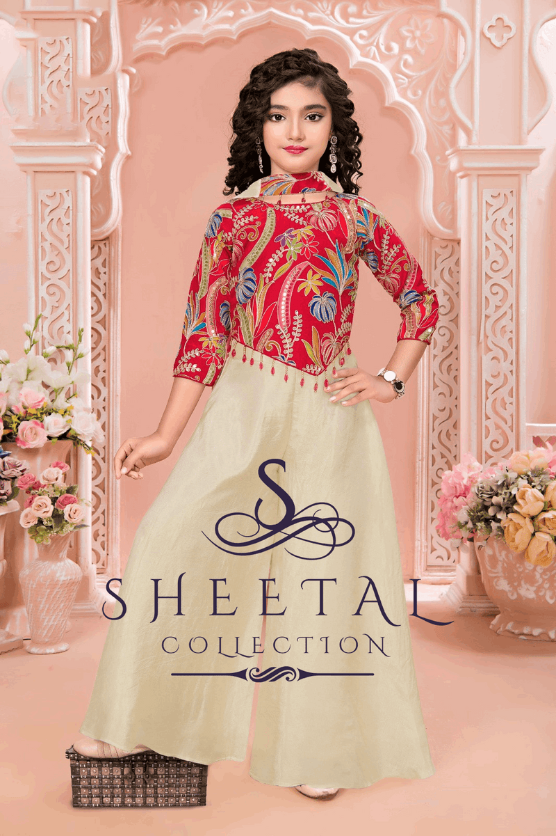 Red Floral Printed Jacket with Cream Palazzo Set