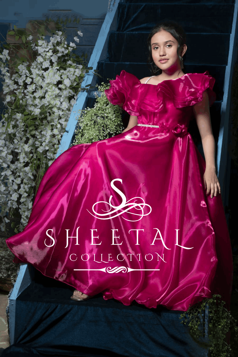Rani Pink Ruffle Shoulder Satin Gown – Sheetal Collection