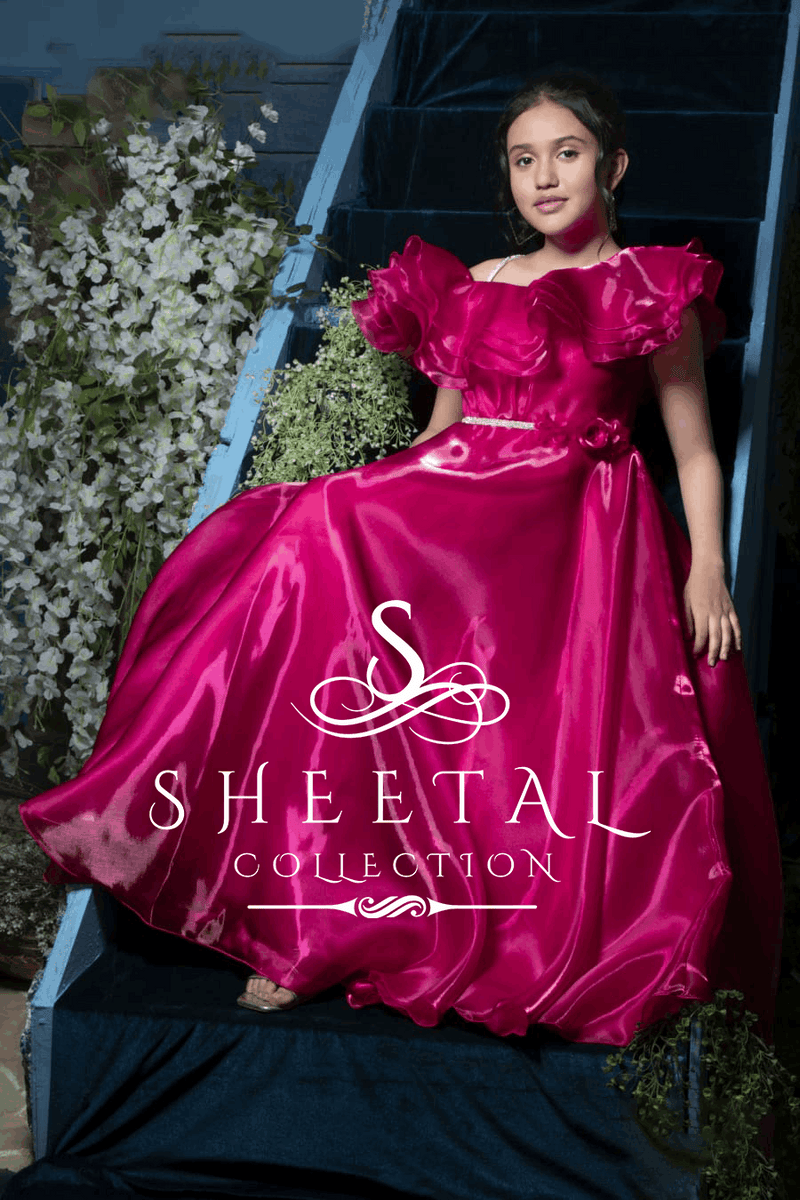 Rani Pink Ruffle Shoulder Satin Gown – Sheetal Collection