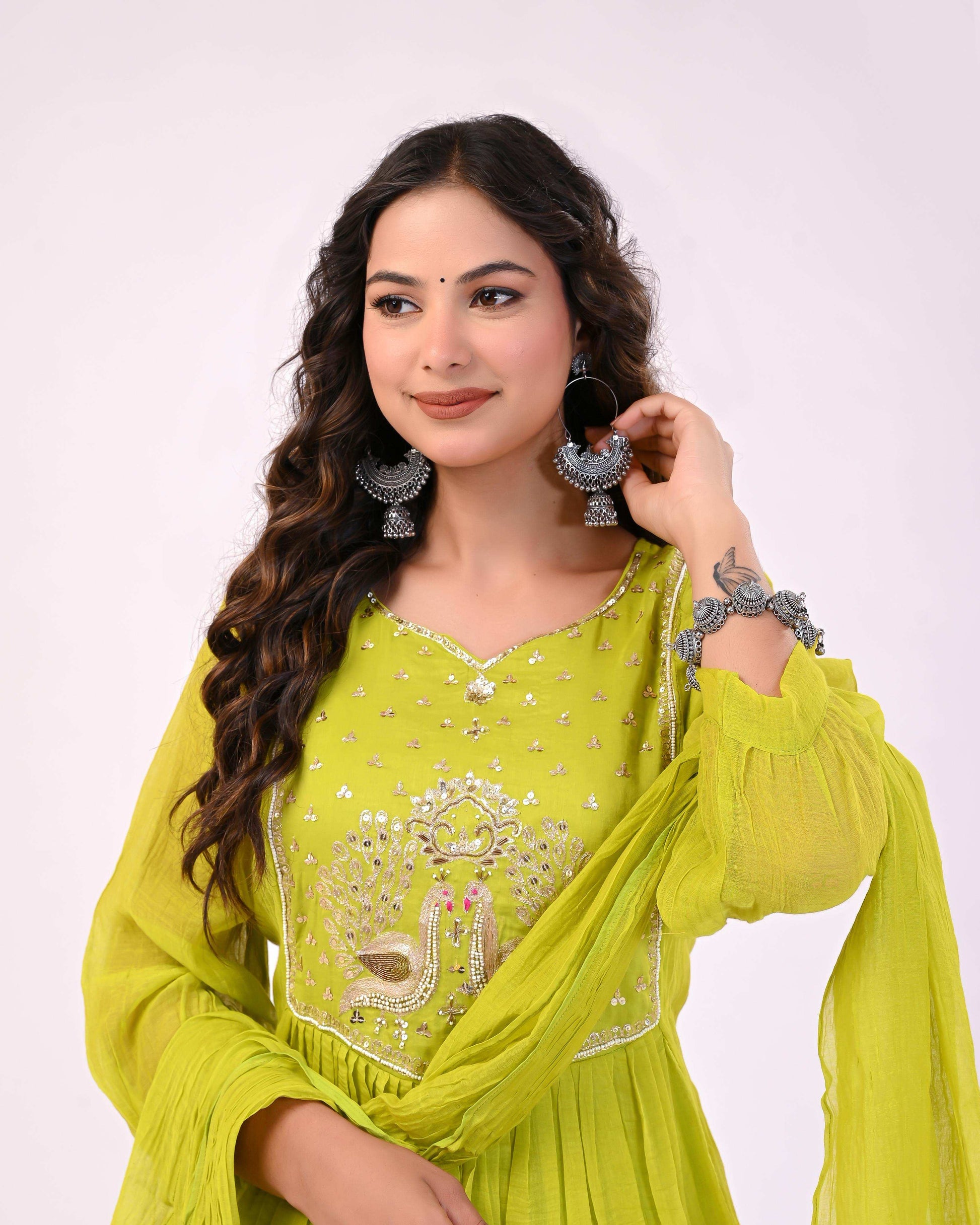 Lime Green Mul Chanderi Anarkali Suit with Hand Embroidered Peacock Motif – Festive Designer Edition