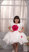 White Satin Princess Dress with Giant Fuchsia 3D Rose – Girls Special Occasion Wea