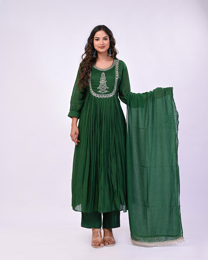 Bottle Green Mul Chanderi Anarkali Suit Set with Hand Embroidered Yoke – Festive Ethnic Collection
