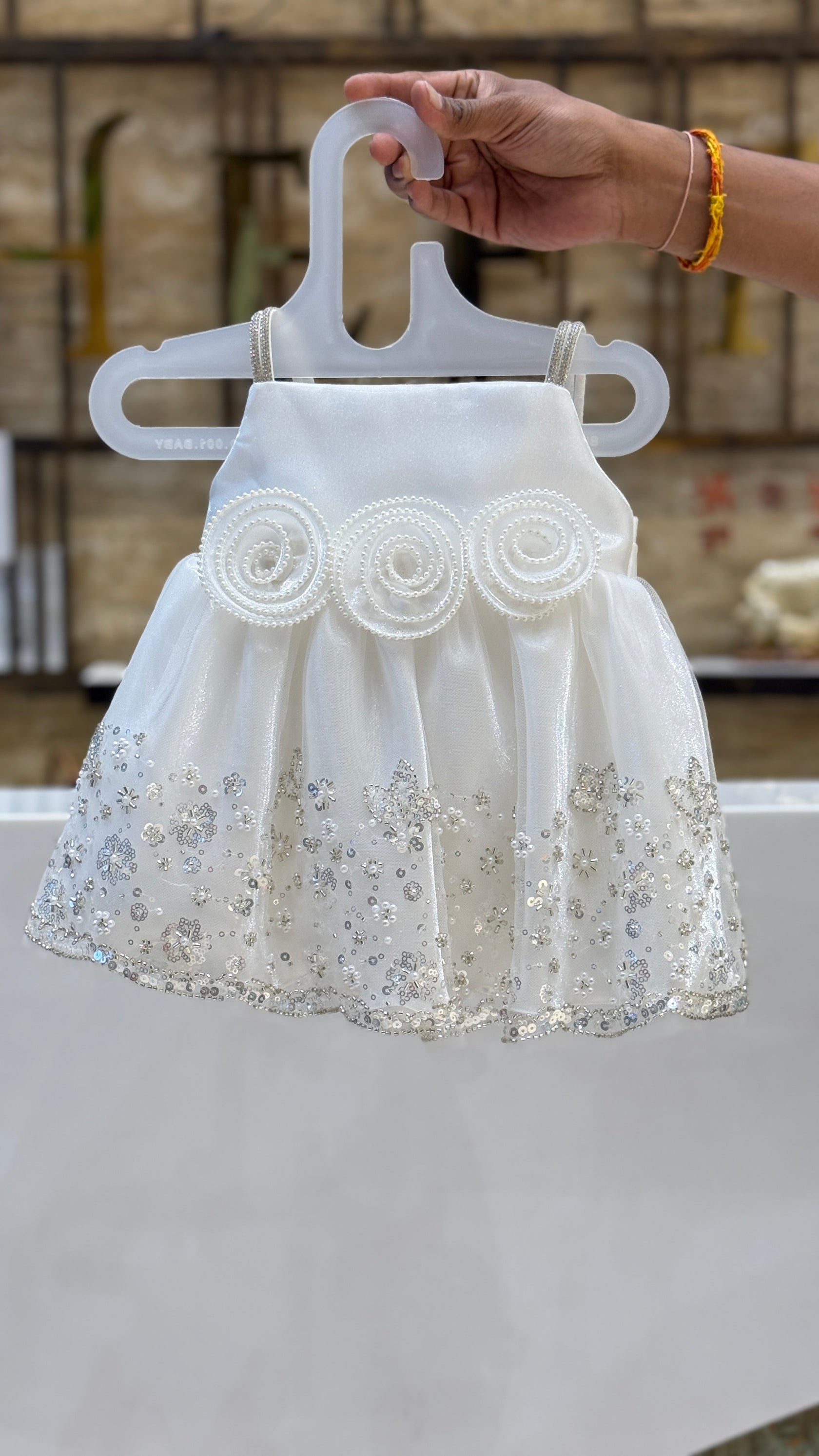 White Pearl Bloom Baby Frock Closeup