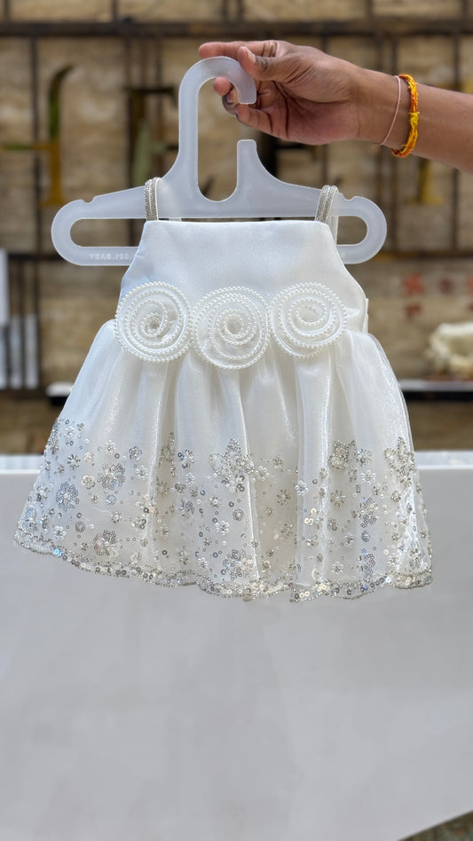 White Pearl Bloom Baby Frock Closeup