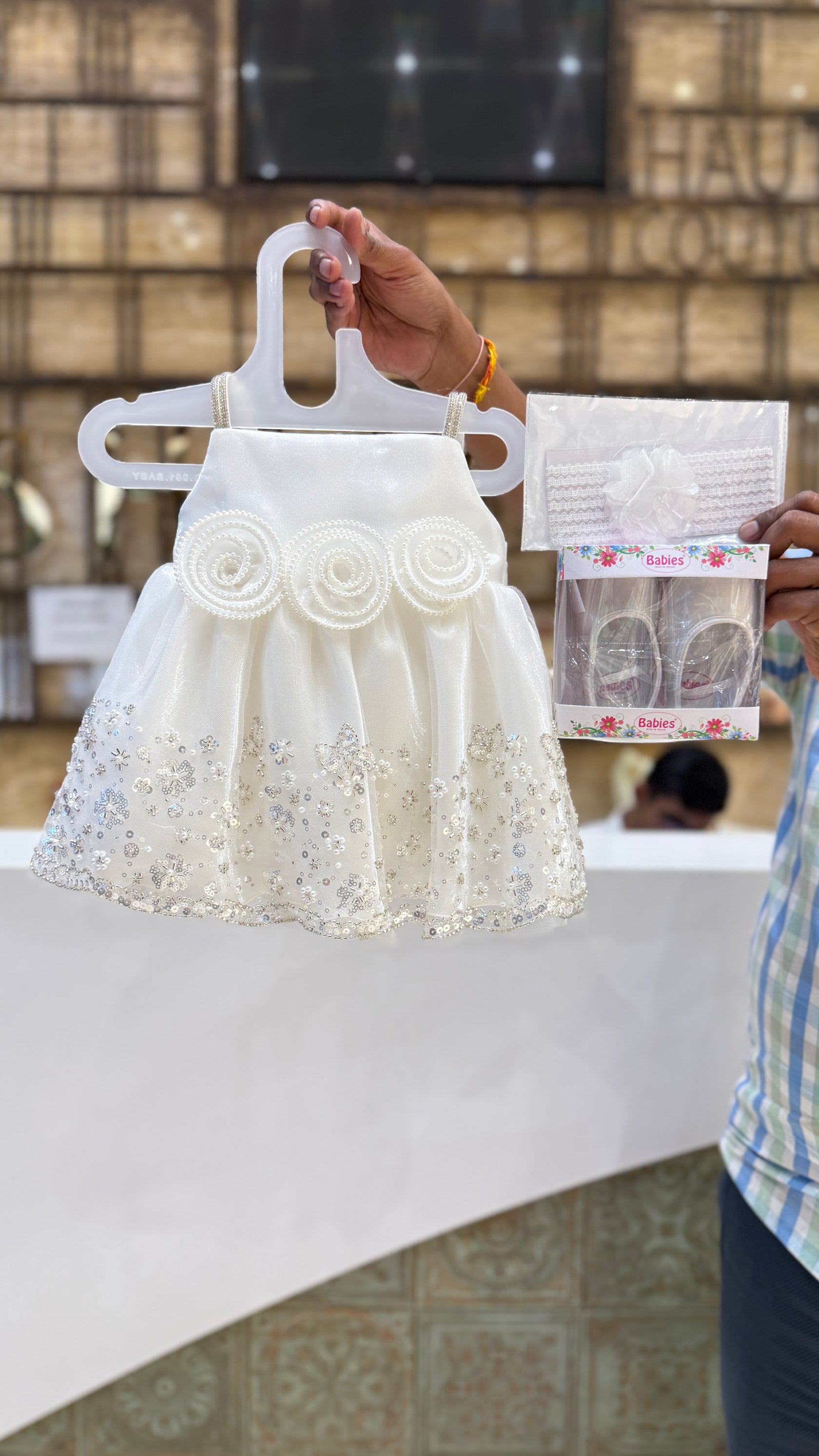 White Pearl Bloom Baby Frock Set with Matching Headband and Baby Shoes