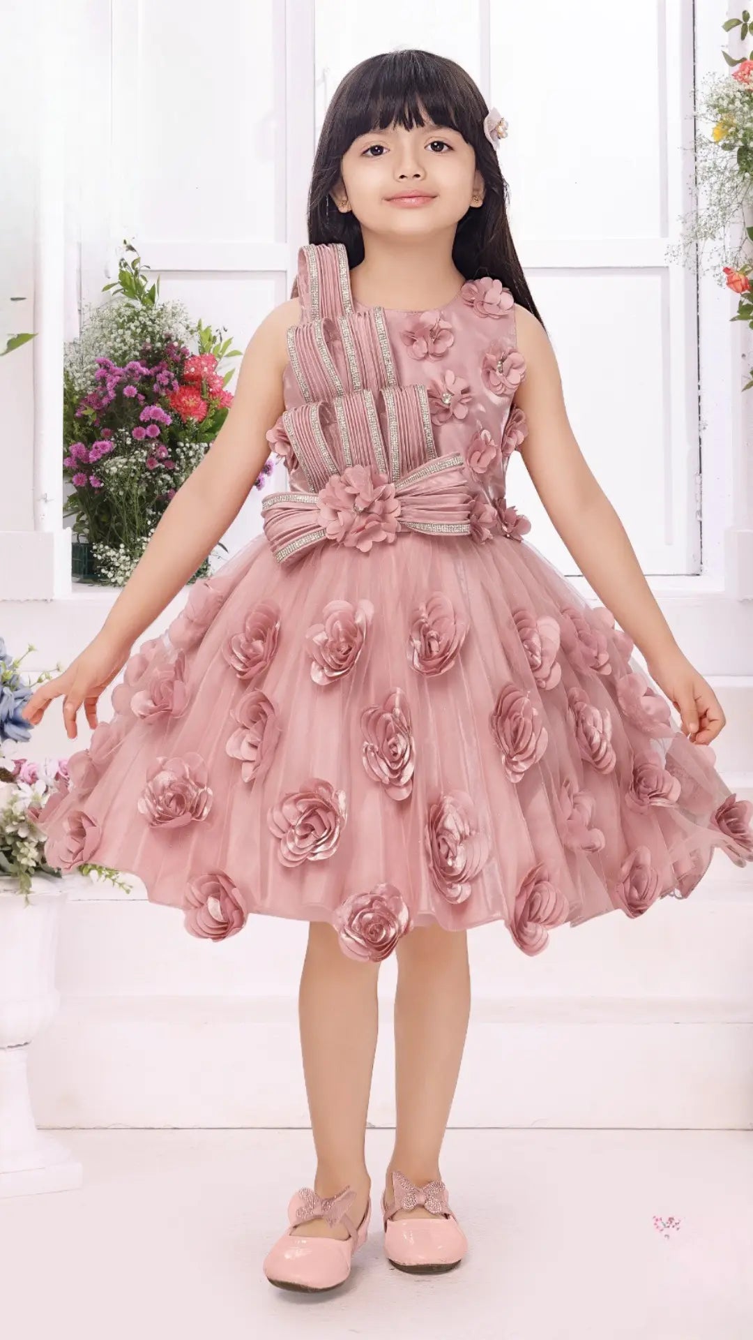 Pink Net Party Dress with 3D Floral Applique and Striped Rhinestone Bodice for Girls