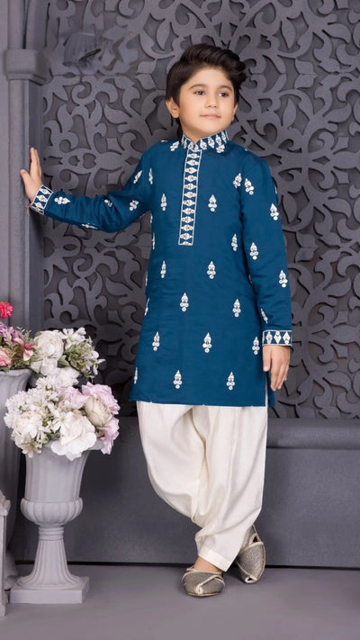 Navy Blue Embroidered Kurta Churidar Set with White Thread Motifs for Boys