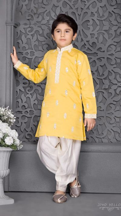 Mustard Yellow Embroidered Kurta Churidar Set with White Threadwork Motifs for Boys