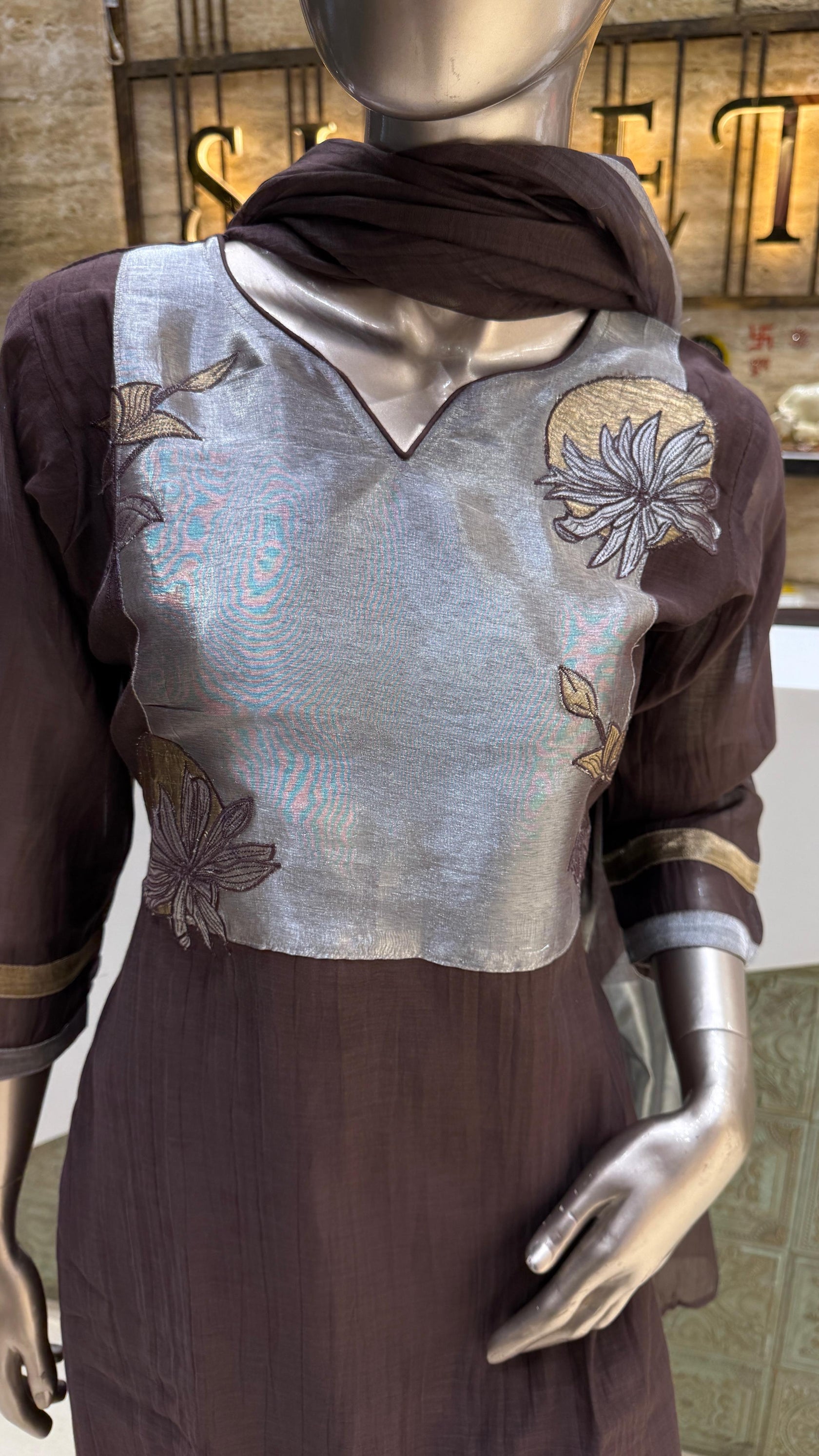 Coffee Mul Chanderi 3Pc Suit