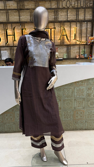 Coffee Mul Chanderi 3Pc Suit
