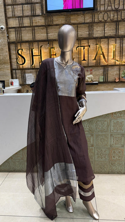 Coffee Mul Chanderi 3Pc Suit
