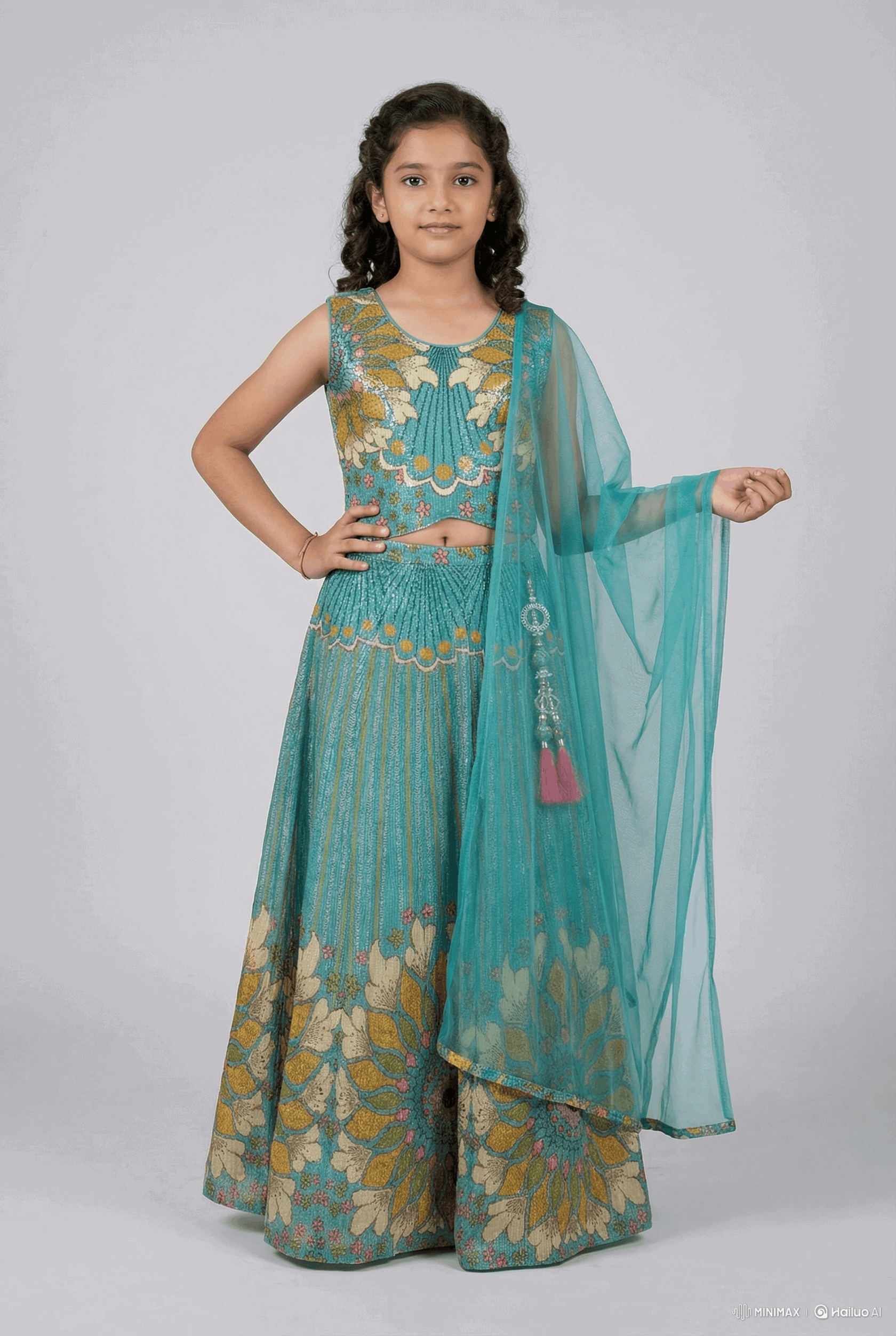 Blue  Floral Embroidered Lehenga Choli Set with Dupatta