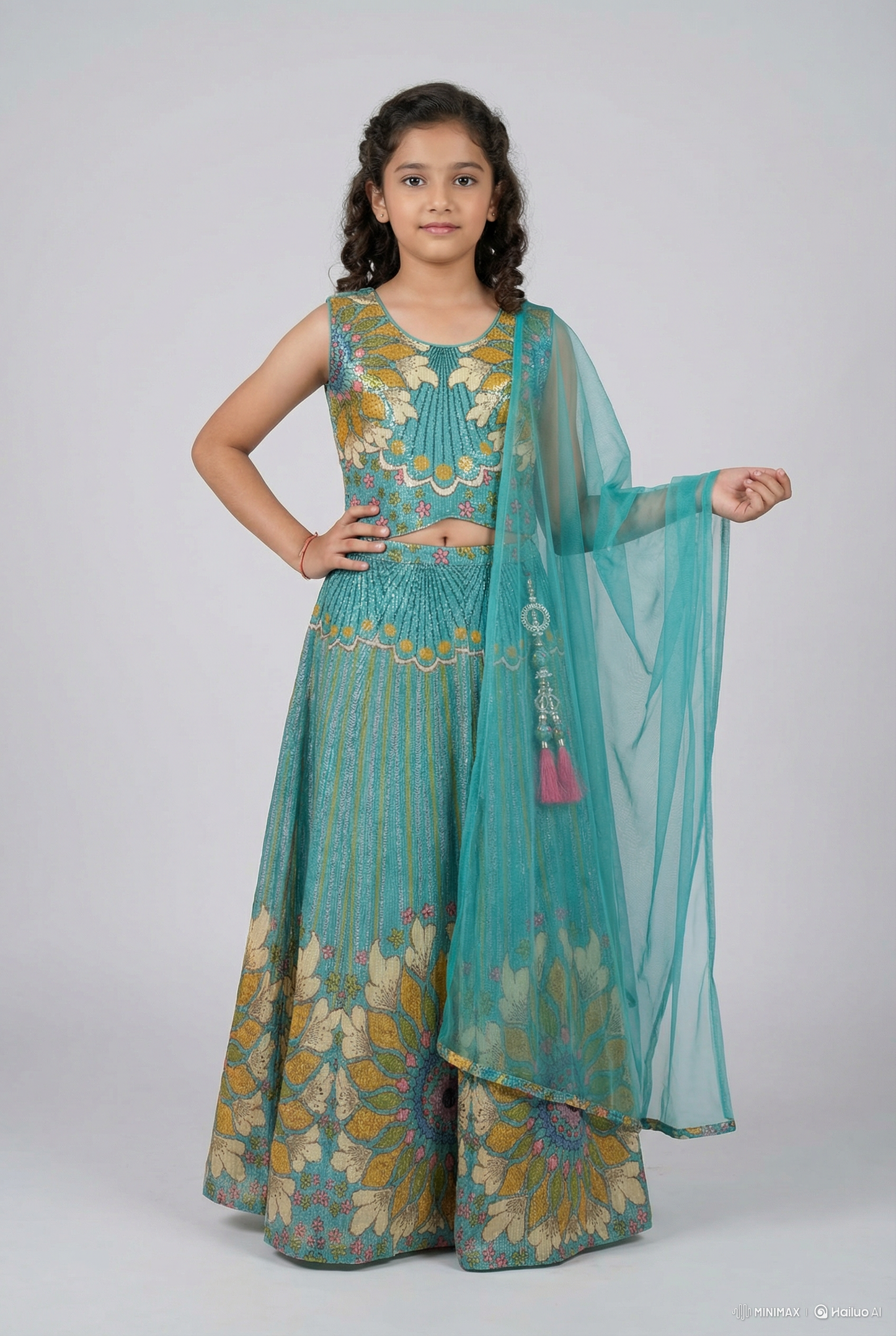 Blue  Floral Embroidered Lehenga Choli Set with Dupatta