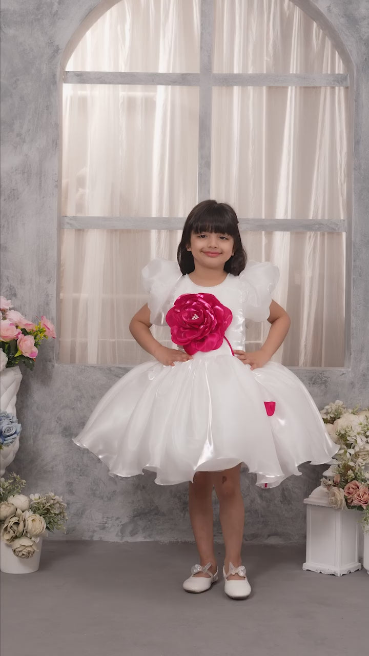 White Satin Princess Dress with Giant Fuchsia 3D Rose – Girls Special Occasion Wea