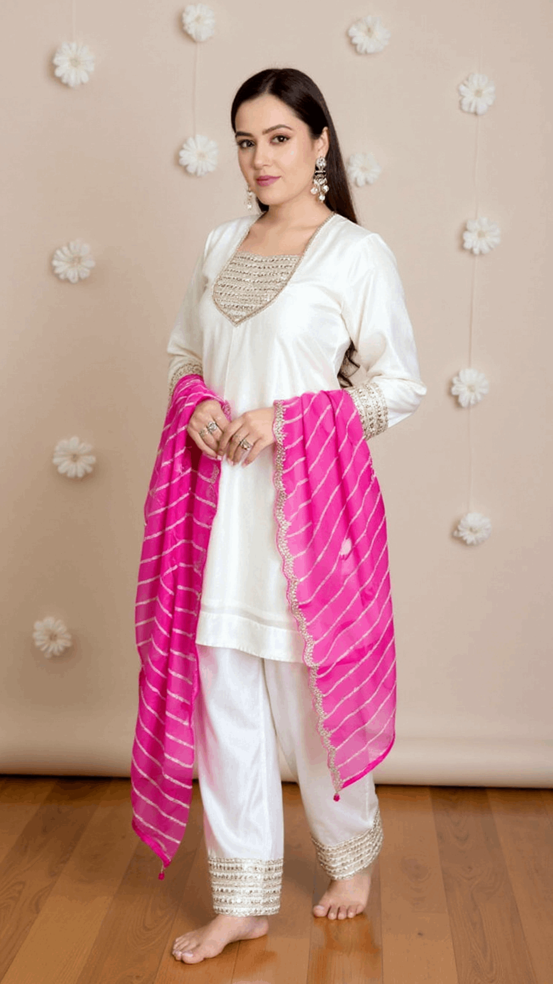 Traditional Cream Farshi Salwar Suit & Pink Dupatta – Festive Wear