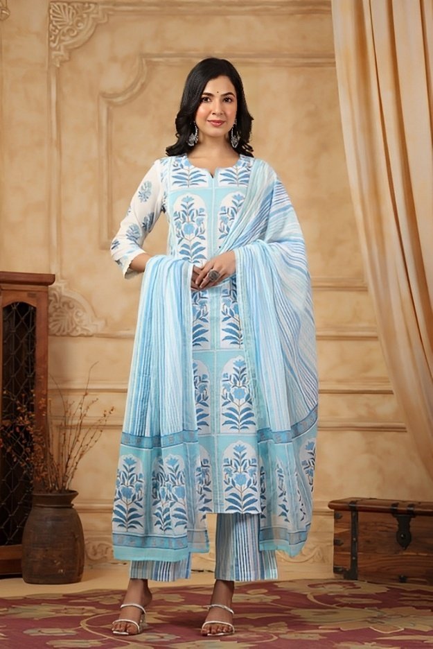 Designer Blue Floral-Printed 3-Piece Suit