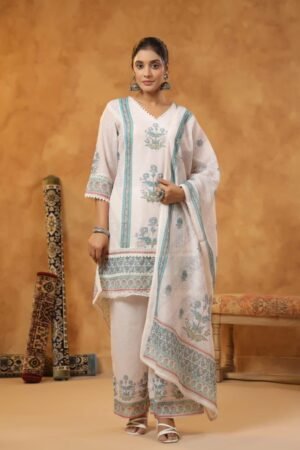 Designer Ivory Floral-Printed 3-Piece Suit