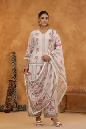 Designer Beige Floral-Printed 3-Piece Suit