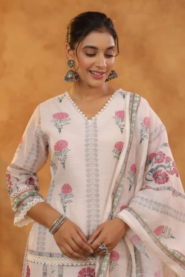 Designer Beige Floral-Printed 3-Piece Suit - Image 2